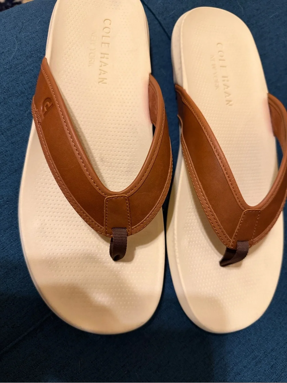 Cole Haan Tan Leather Strap Flip-Flops with Cream Footbed
